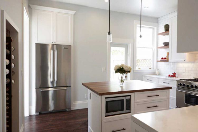 walnut accents, gray grout on the backsplash